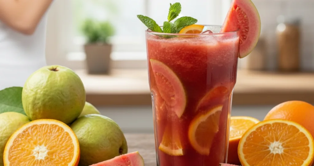 Conheça a bebida natural que ajuda a deixar a pele mais firme e com aparência jovem Goiaba vermelha com laranja para pele mais firme