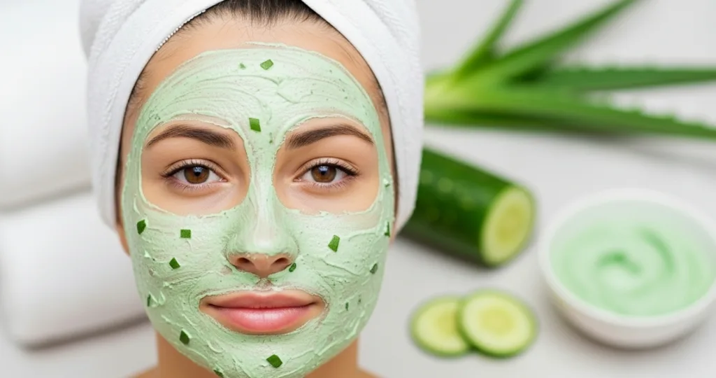 Máscaras faciais com pepino e aloe vera refrescam, acalmam e revitalizam a pele Mascaras refrescantes com pepino e aloe vera