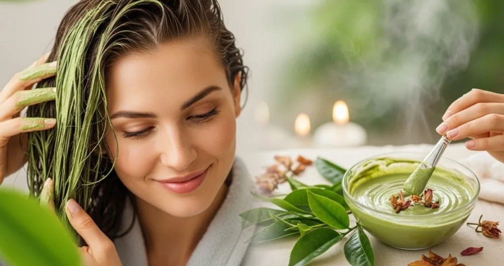 Máscaras de chá verde que refrescam o couro cabeludo e ajudam a recuperar fios danificados Mascaras refrescantes de cha verde para fios danificados