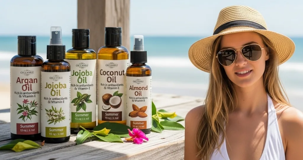 Oleos vegetais antioxidantes com vitamina E para os cabelos no verao