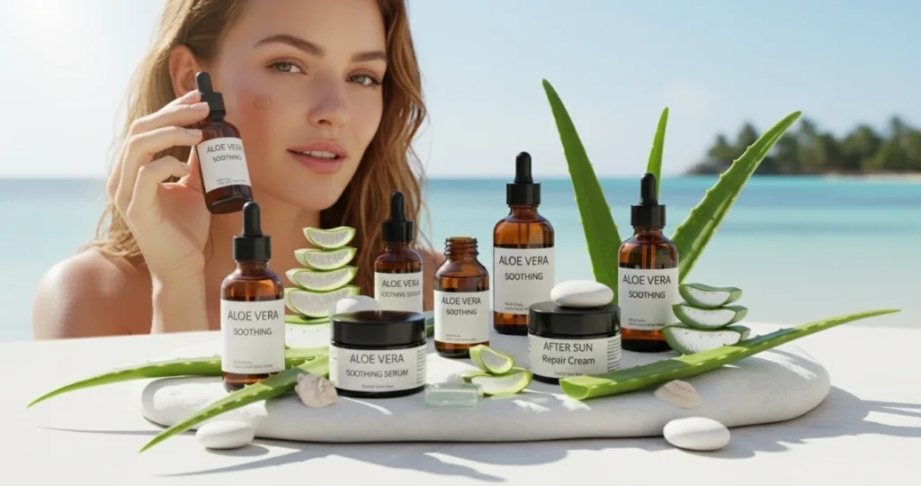 Séruns calmantes com aloe vera aliviam a pele após o sol e ajudam na regeneração Seruns calmantes com aloe vera aliviam a pele apos o sol e ajudam na regeneracao
