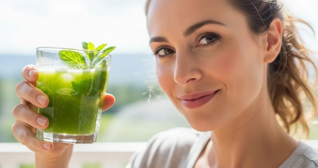 Suco de maçã verde com hortelã é leve, refrescante e ajuda a aumentar a disposição no dia a dia Suco de maca verde com hortela para disposicao leve