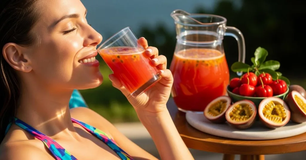 suco de Acerola com maracuja para prevenir manchas solares
