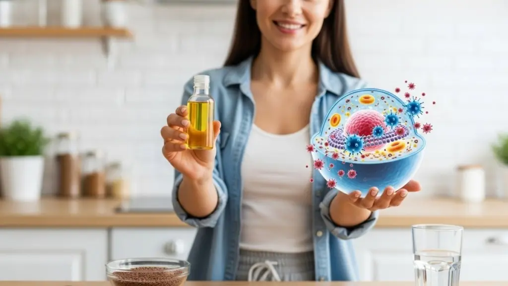 Óleo de linhaça, o escudo invisível que blinda suas células contra o envelhecimento Oleo de linhaca e defesa celular antioxidante