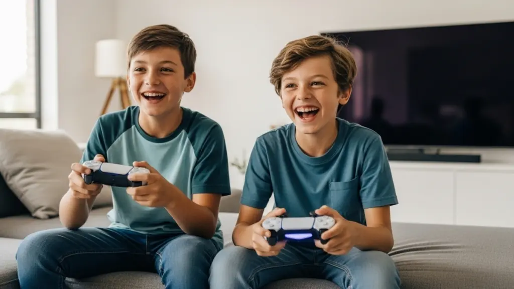 PlayStation 5 Slim despenca de preço na Amazon nesta semana e já aparece marcado como oferta de Black Friday meninos jogando ps5 no quarto